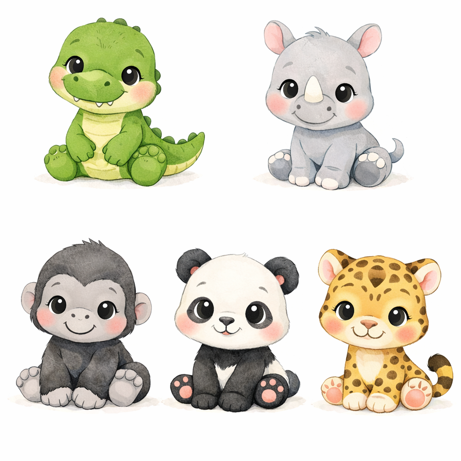 Wild Baby Animal Printable Wall Art Set of 5 | Nursery PDF Download | Alligator Rhino Gorilla Panda Jaguar