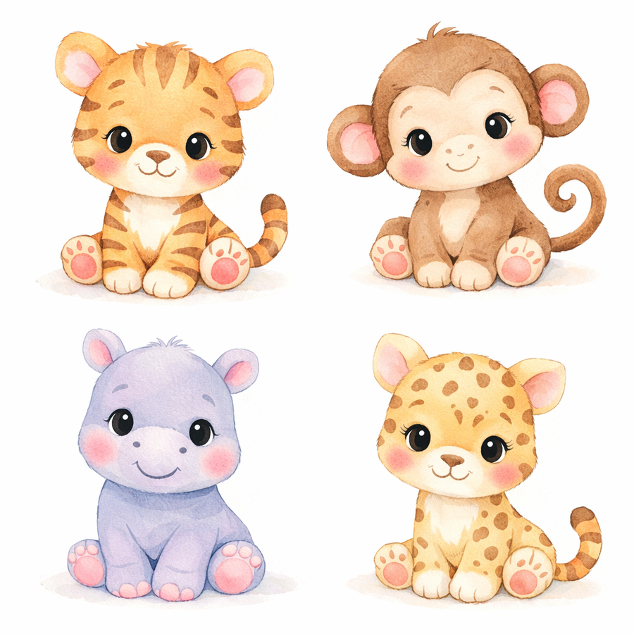 Jungle Baby Animal Printable Wall Art Set of 4 | Nursery PDF Download | Tiger Monkey Hippo Leopard
